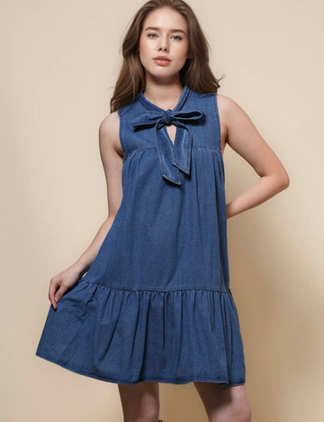 Ladies Sleeveless Strape Tie Denim Mini Dresss SKD50030