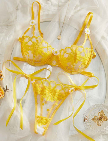 Ladies Sexy Sheer Floral Embroidery Bow Tie Lingerie Set
