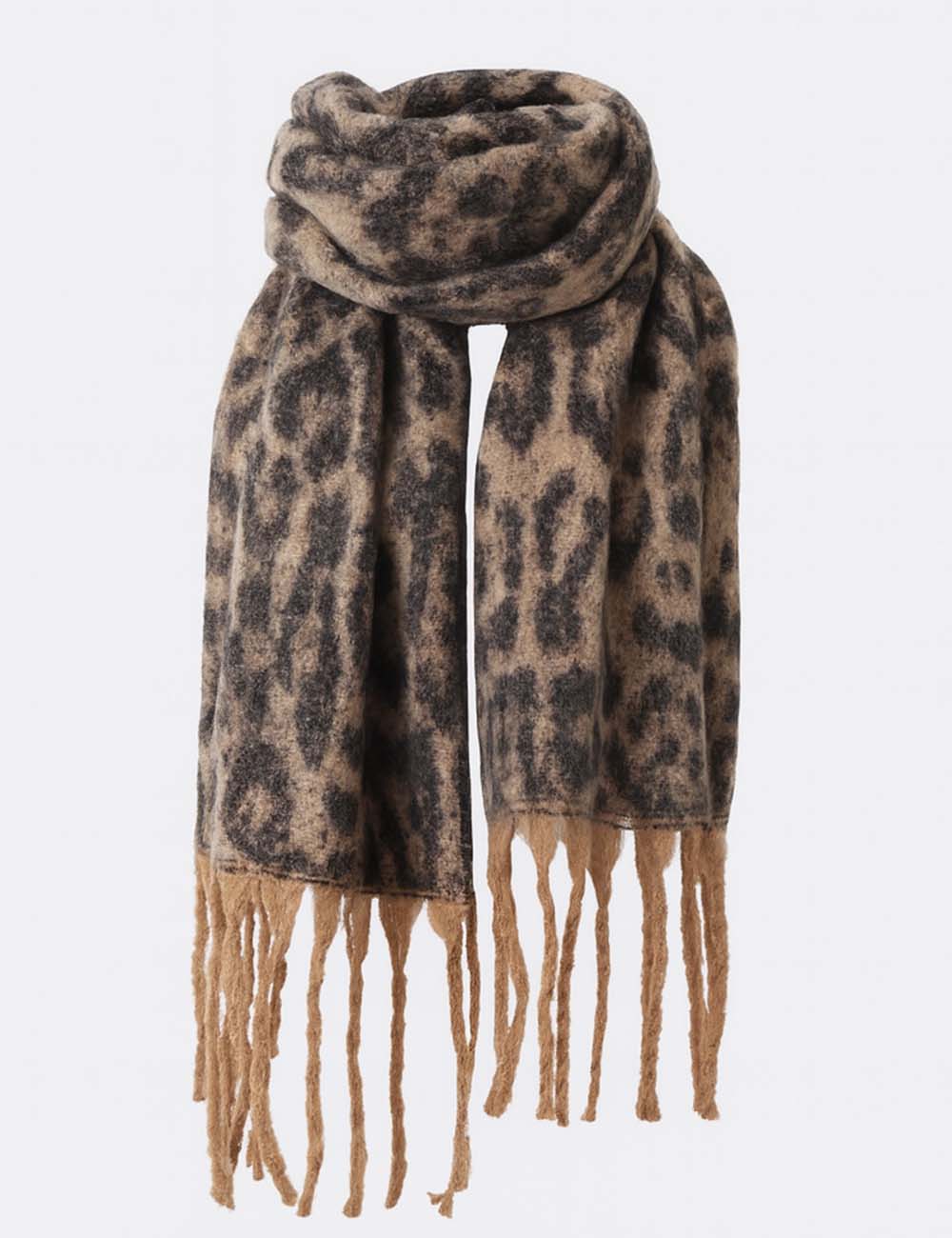 Ladies Winter Leopard Fringe Knit Shawl Scarf