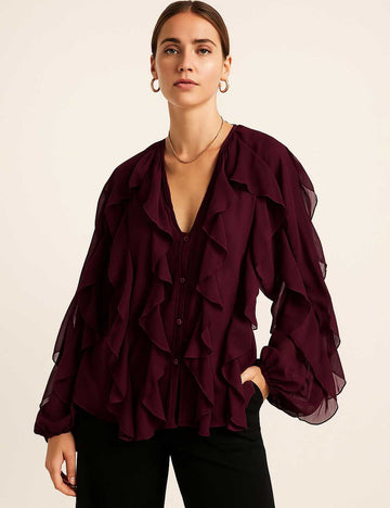 Ladies Chiffon Ruffled V-Neck Button Down Long Sleeves Blouse