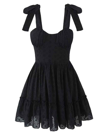Ladies Solid Color Embroidery Strap Shoulder Mini Dress