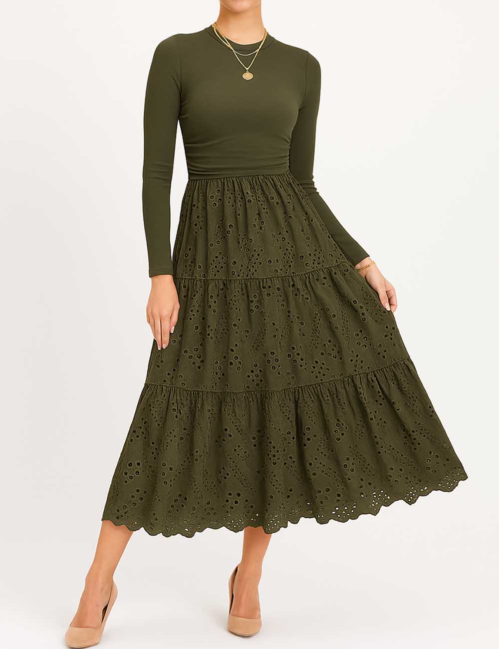 Ladies Mock Neck Eyelet Long Sleeves Midi Dress