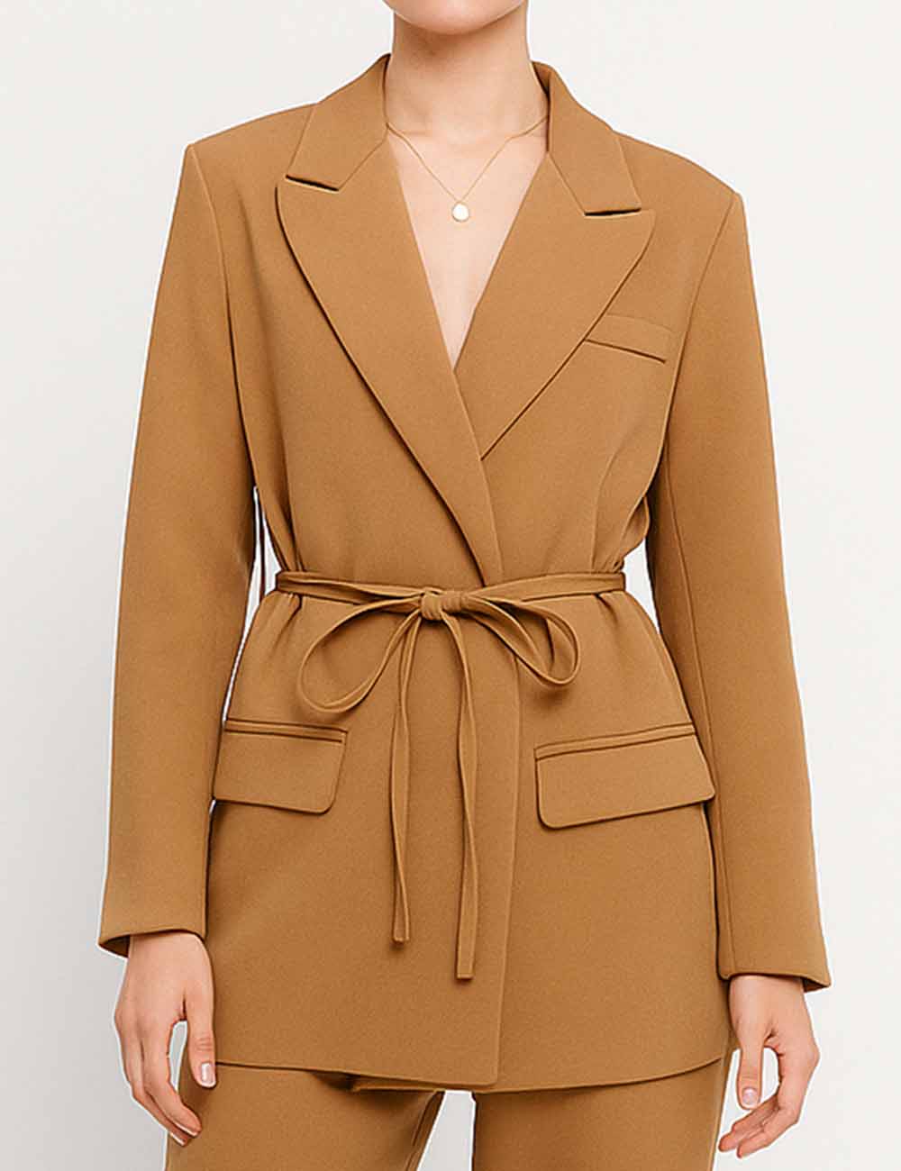 Ladies Chic Notched Lapel Belted Waist Flap Pocket Blazer