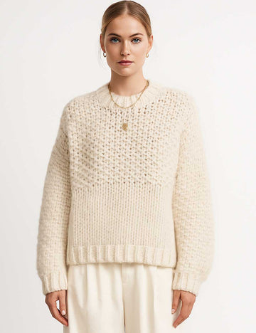 Ladies Solid Color Round Neck Long Sleeves Chunky Knit Sweater