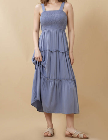Ladies Solid Color Smocking Ruffle Strap Shoulder Midi Dress