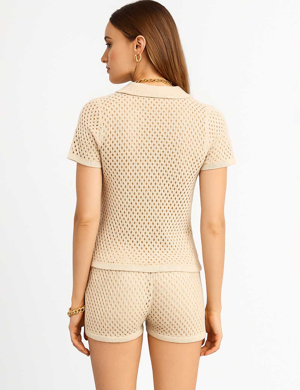 Ladies Hollow Out Knit Short Sleeves Shirt & Shorts Set