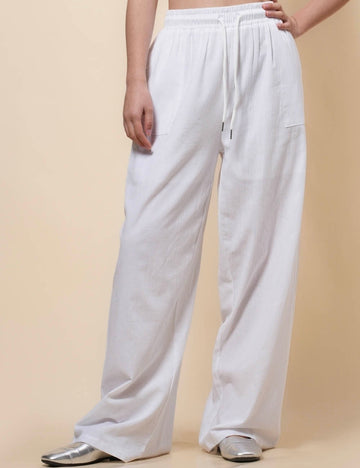 Ladies Elastic Waist Pockets Solid Color Pants SKP41135
