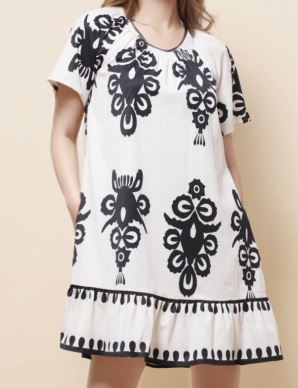 Ladies Round Neck Short Sleeves Floral Mini Dress SKD51262