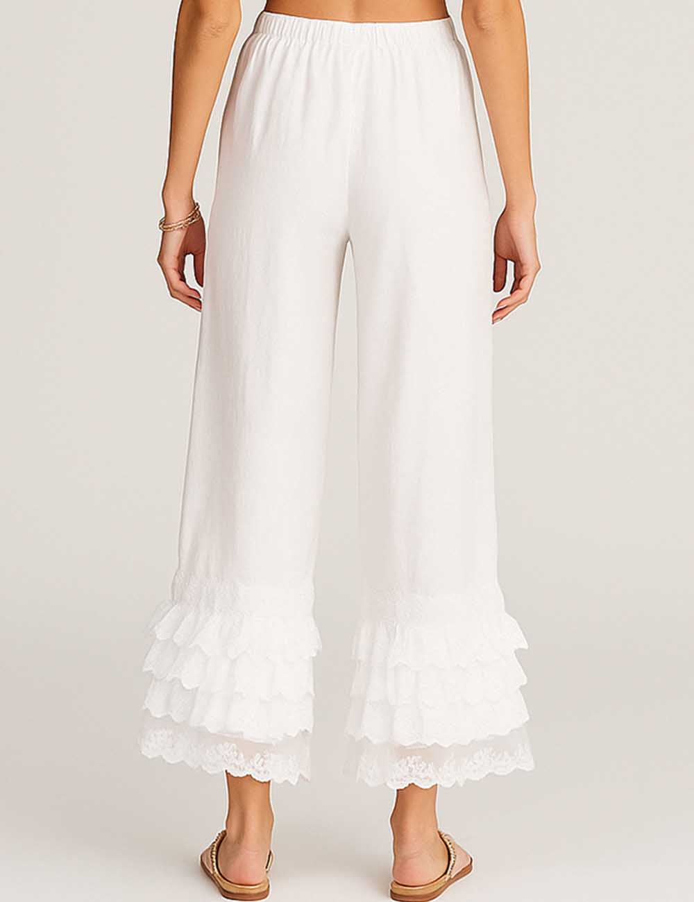 Ladies Elastic Waist Ruffle Floral Embroidery Wide Leg Pants