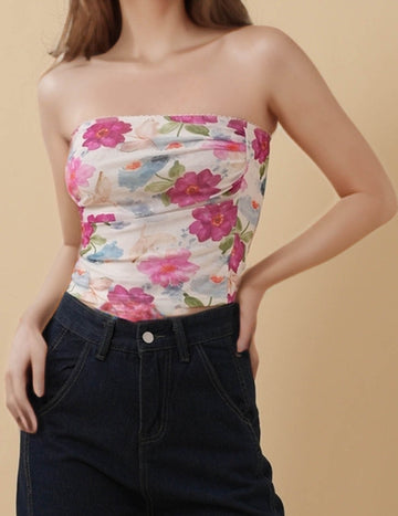 Ladies Floral Print Strapless Crop Tube Top 8SKT5M76