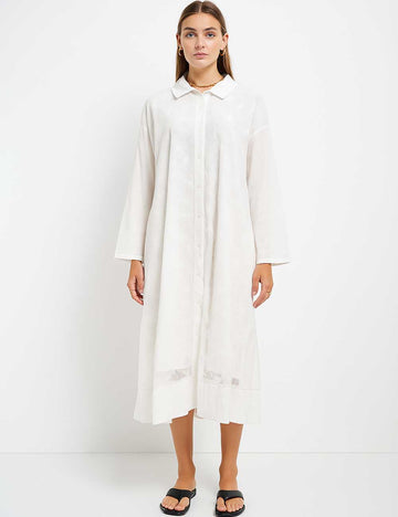 Ladies White Floral Mesh Button Down Long Sleeves Midi Dress