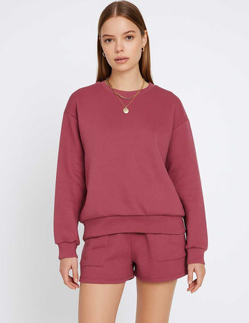 Ladies Round Neck Long Sleeves Sweatshirt & Shorts 2PCS Set