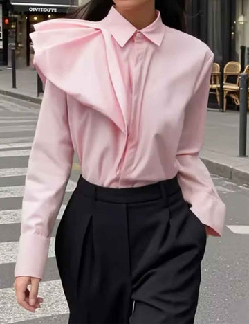 Ladies Solid Color Ruched Long Sleeves Shirt