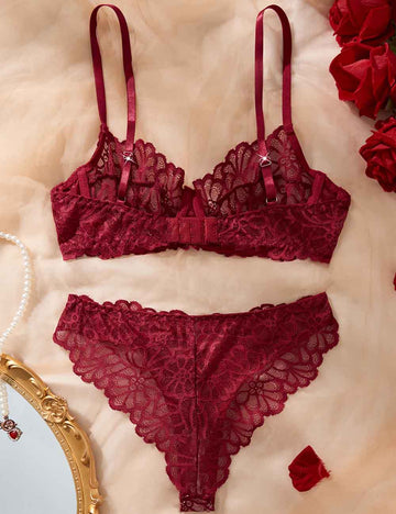 Ladies Sexy Sheer Lace Embroidery Scalloped Edge Lingerie Set