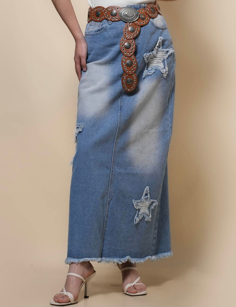 Ladies Back Slit Star Denim Maxi Skirt SKS50113