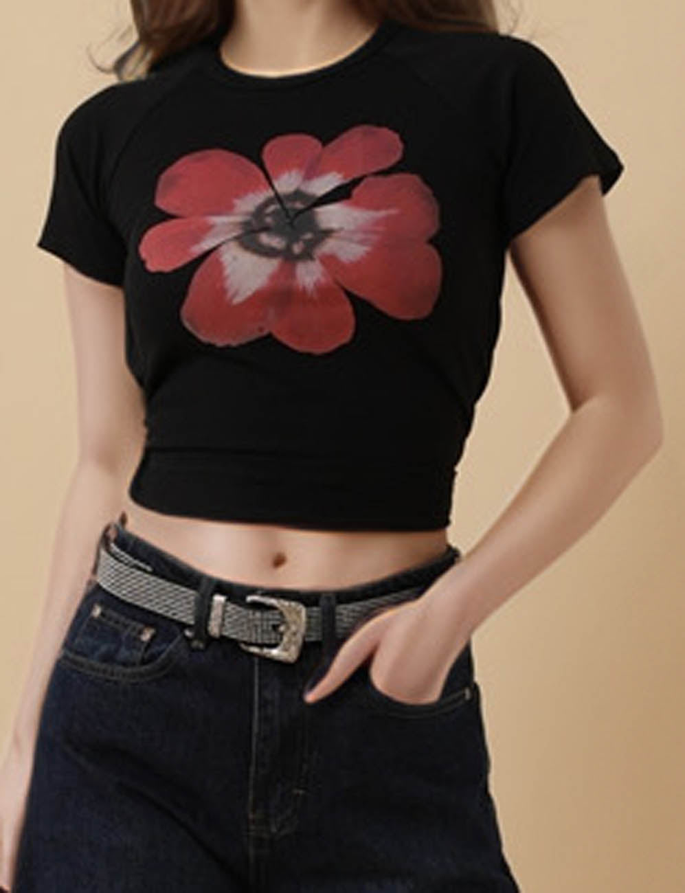 Ladies Flower Print String Tie T-Shirt Crop Top 8SKT5M72