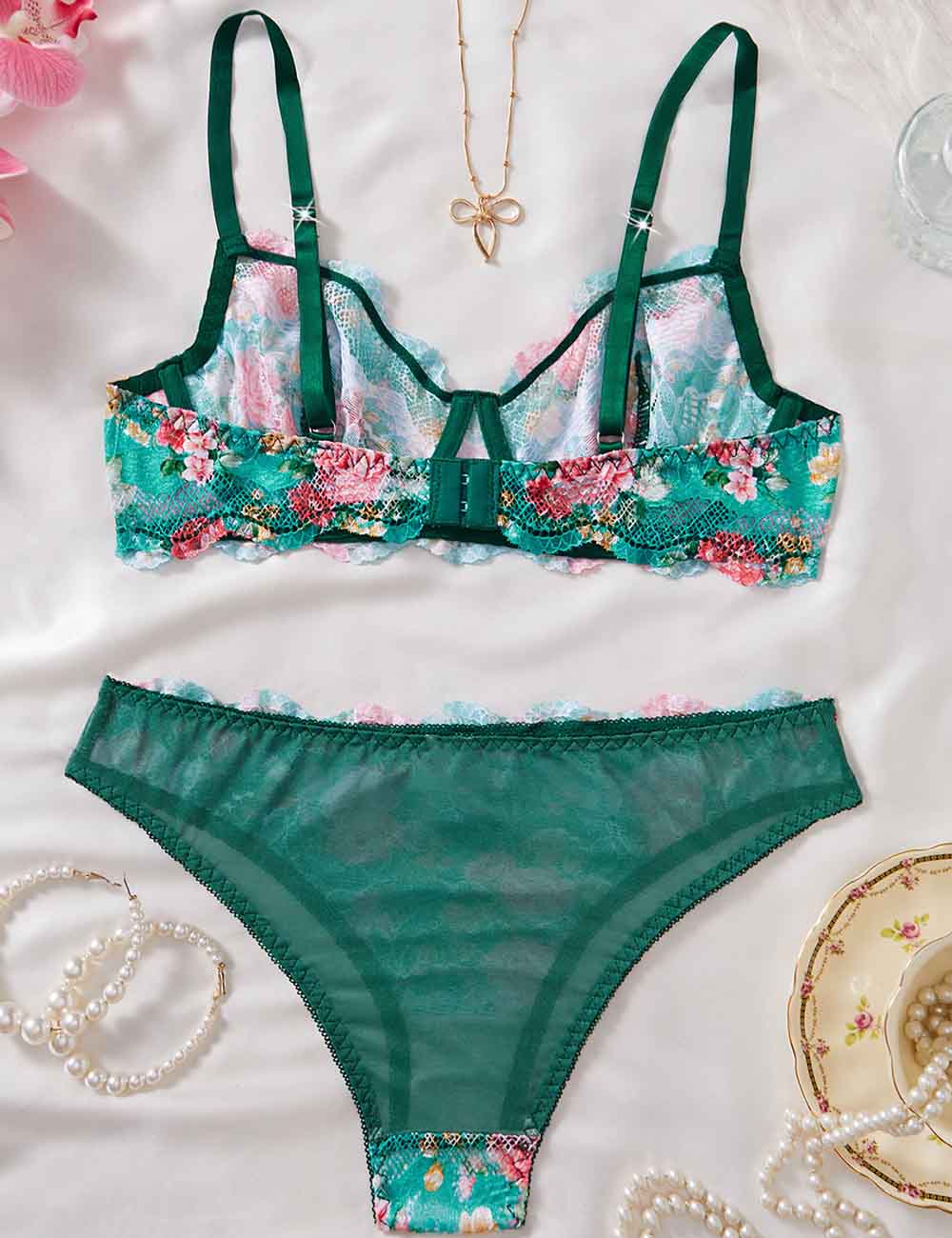 Ladies Cute Floral Print Sheer Mesh Scallop Hem Lingerie Set