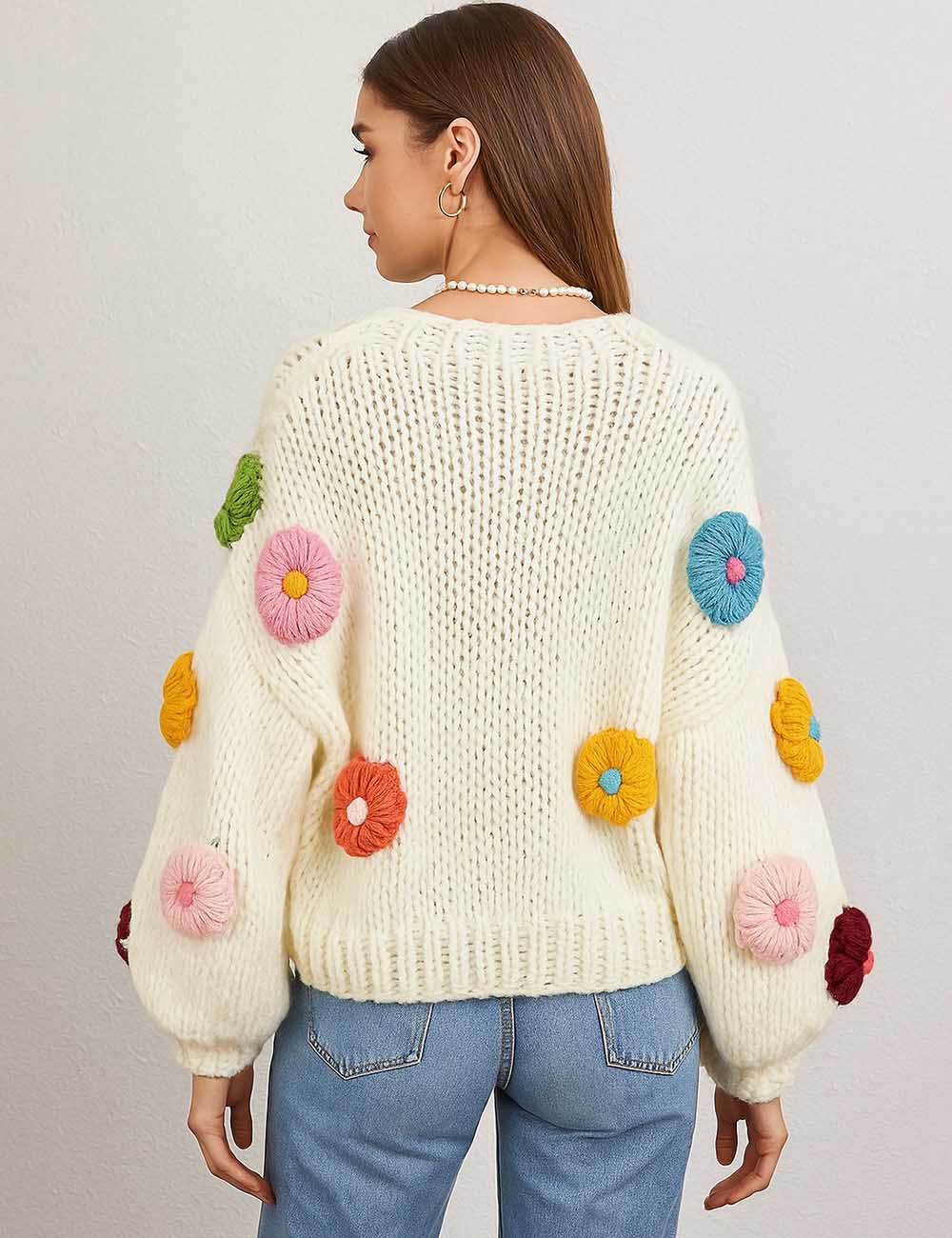 Ladies Multicolor Flower Long Sleeves Sweater Cardigan