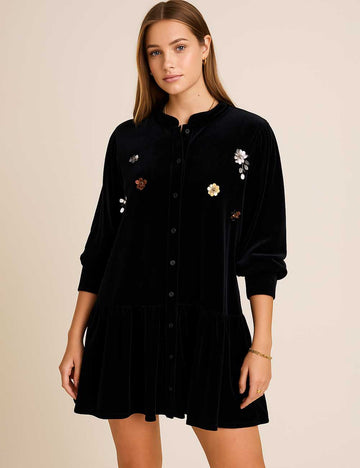 Ladies Velvet Mandarin Collar 3D Floral Mini Dress