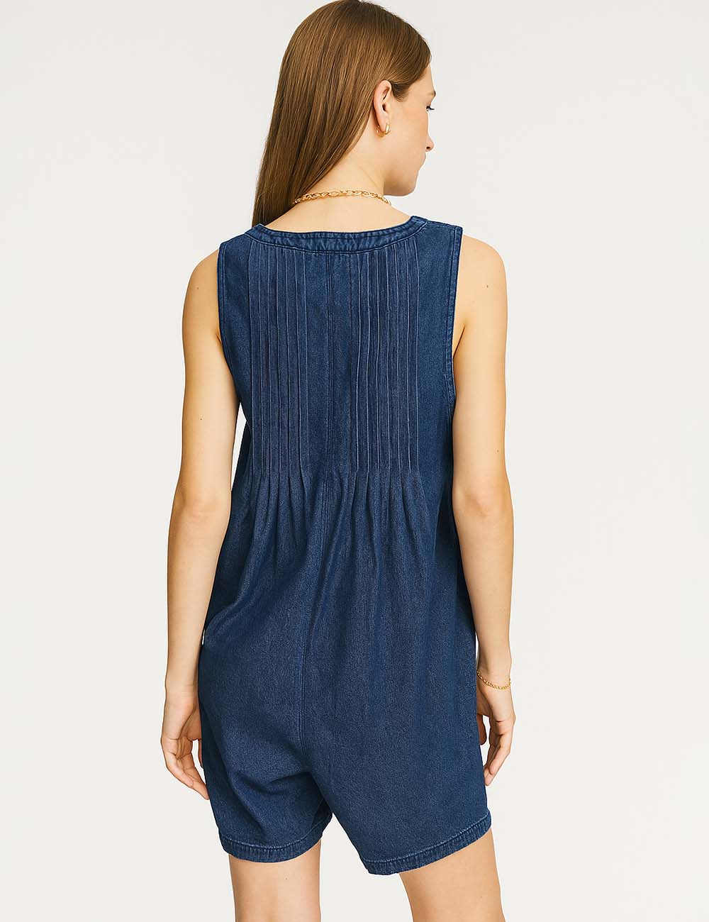 Ladies V-Neck Tie Front Pleated Sleeveless Denim Romper