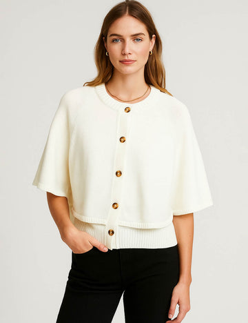 Ladies Knit Round Neck Cape Button Front Shawl Top