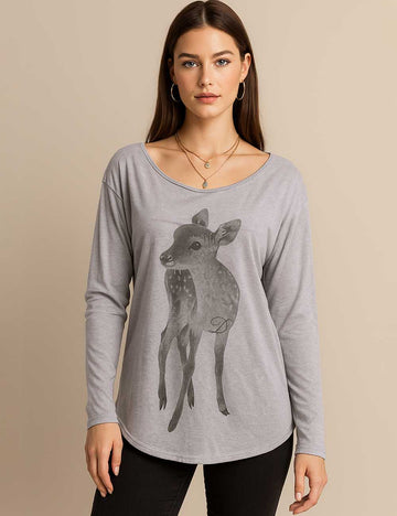 8SKT5K107 Ladies Cute Deer Print Crew Neck T-Shirt