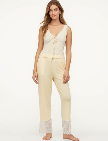 Ladies Lace Splice V-Neck Tank Top & Pants Loungewear Set
