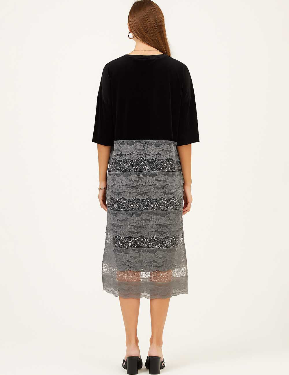 Ladies Velvet Shiny Sequins Lace Tiered Ruffle Midi Dress