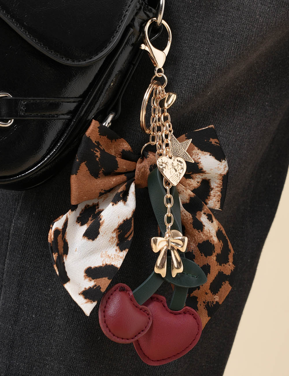 Sweet PU Cherry Leopard Bowknot Key Chain SKAJ50270