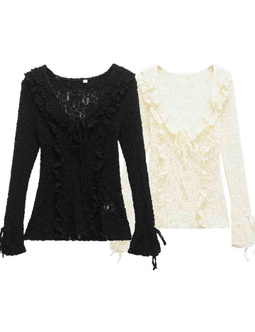 Ladies Solid Color Ruffle Lace Long Sleeves Blouse