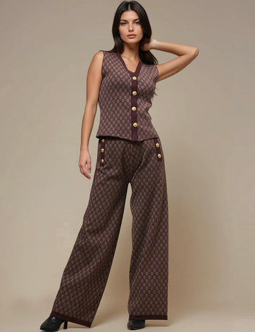 Ladies Color Block V-Neck Vest Pants Sweater Set SKST41057
