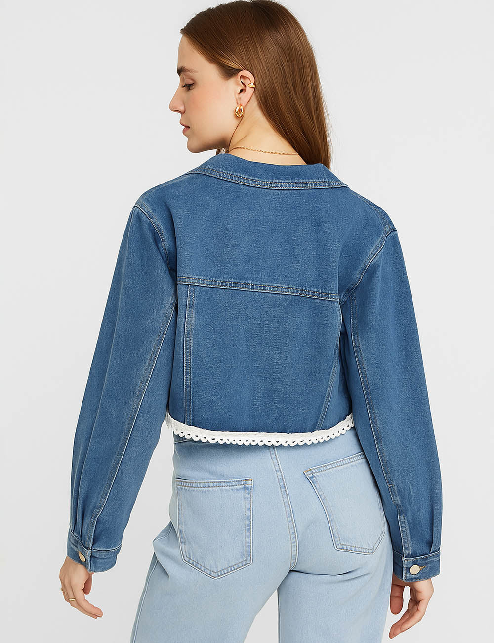 Ladies Color Block Notched Collar Crochet Trim Crop Jacket