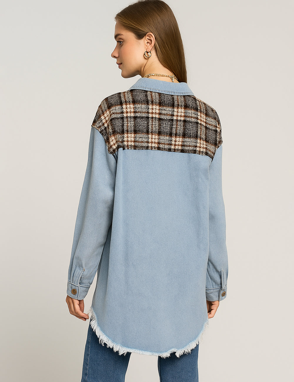 Ladies Plaid Patchwork Button Down Denim Jacket