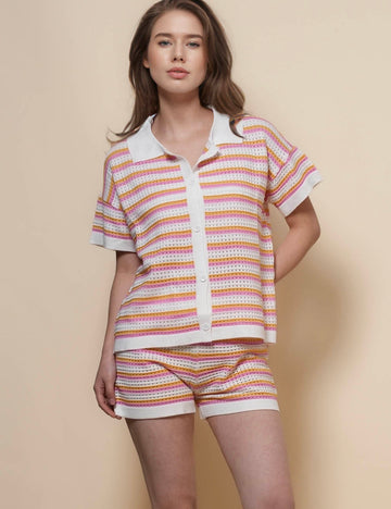 Ladies Stripe Color Block Knit Top & Shorts Set SKST50176