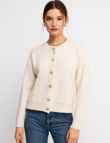 Ladies Round Collar Button Long Sleeves Knit Cardigan