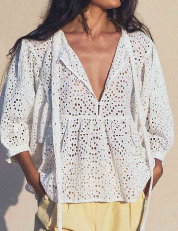 Ladies Eyelets Short Sleeves Babydoll Blouse