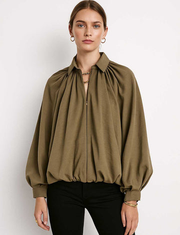 Ladies Balloon Hem Bomber Jacket Zip Up Long Sleeves Coat