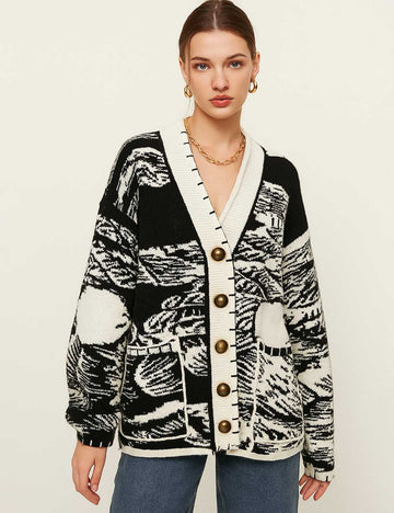 Ladies V-Neck Color Block Abstract Pattern Button Cardigan