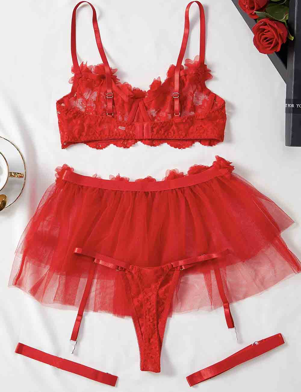 Ladies Floral Splice See Through 3PCS Lingerie Set 8HF4247