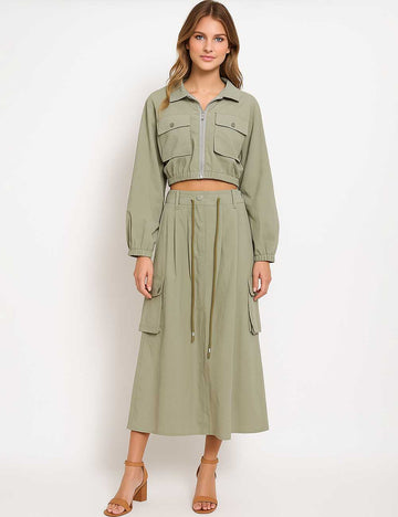 Ladies Zipper Front Cropped Jackets & Maxi Skirts Set