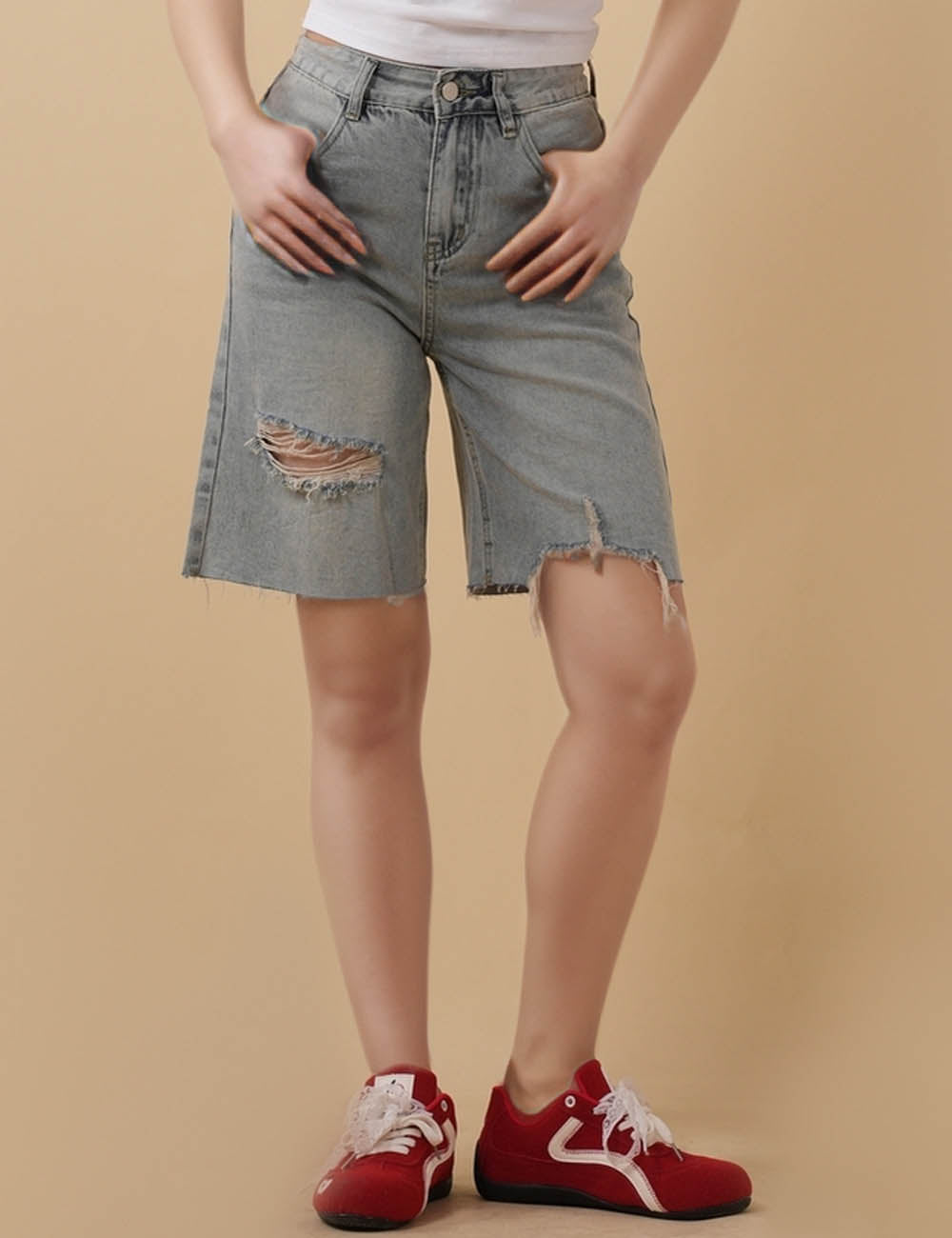 Ladies Distressed Button Pocket Raw Denim Shorts 8SKS5M71