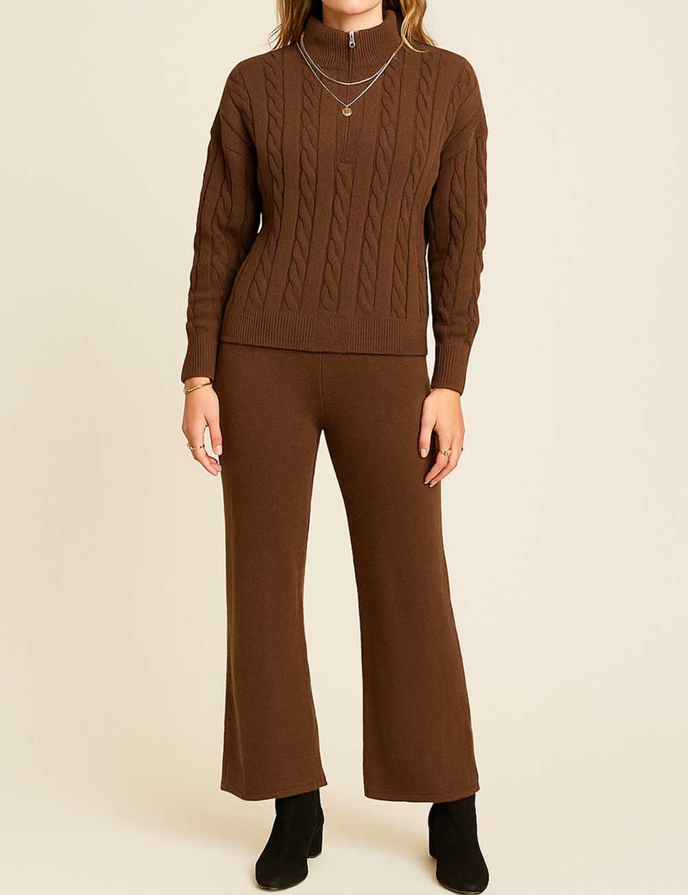 Ladies Cable Knit Zipper Collar Sweater Top & Pants Set