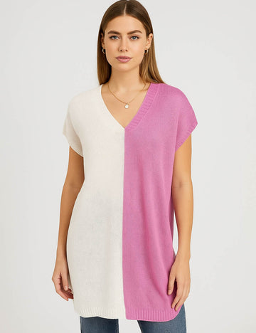 Ladies Color Block V-Neck Pullover Short Sleeves Knit Top