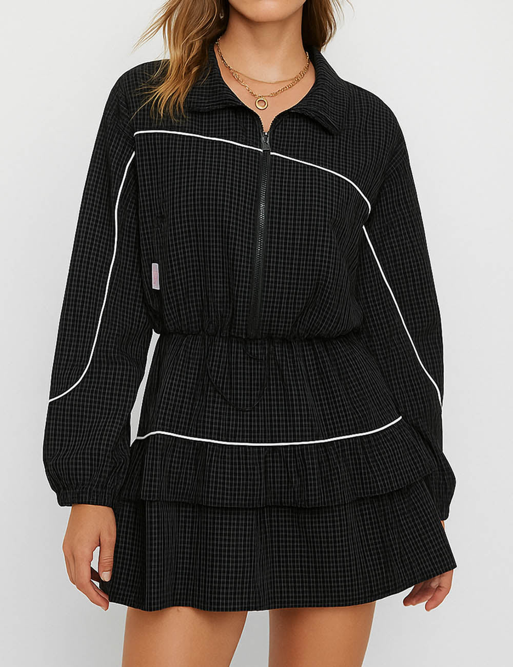 Ladies Plaid Set Zipper Collar Jacket & Tiered Ruffle Skorts Set