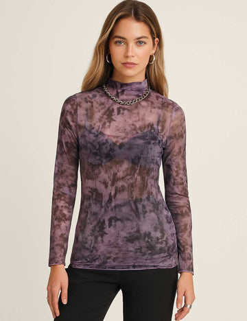 Women Inregular Print Mesh Layring Top See Sheer Blouse