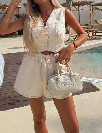 Ladies V-Neck Sleeveless Button String Tie Top & Shorts Denim Set