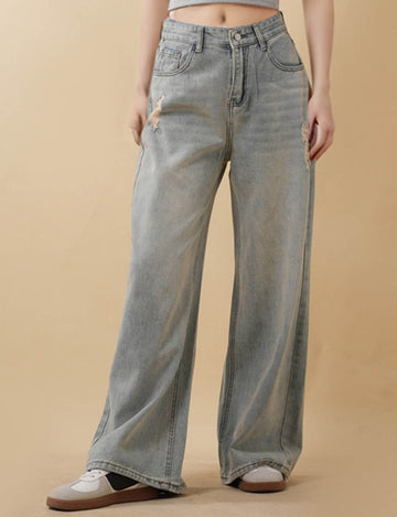 Ladies Classic Distressed Wide Leg Denim Pants