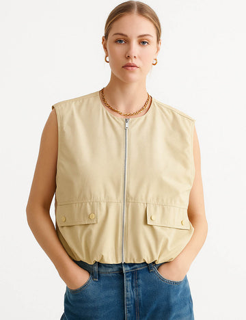 Ladies Solid Color Crew Neck Sleeveless Ruched Vest 2659