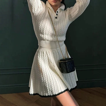 Ladies Polo Collar Color Block Cable Knit Top & Skirt 2PCS Set