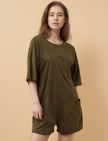Ladies Round Neck Mid Sleeves Back Open Romper 8SKJ50385